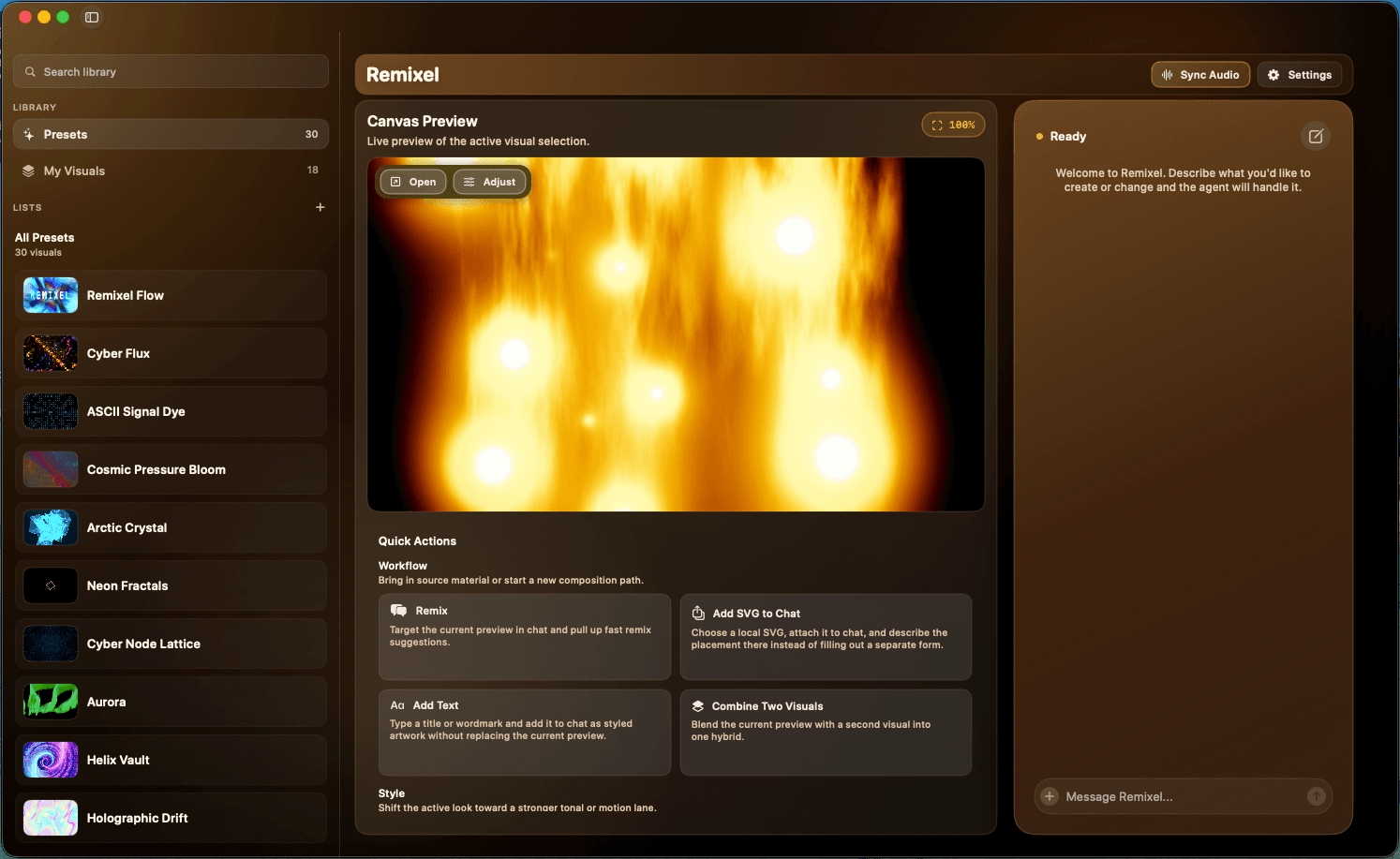 Current Remixel macOS window showing the preset list, canvas preview, and assistant panel.